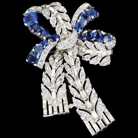 Trifari 'Alfred Philippe' Pave Sapphires and Diamante Baguettes Bowknot Pin Clip
