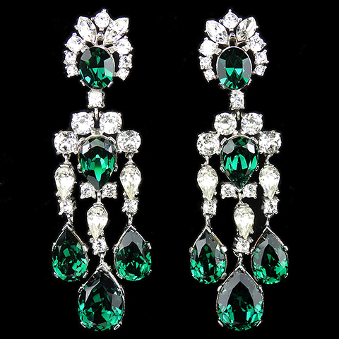 Trifari 'Alfred Philippe' Diamante Navettes and Teardrop Emeralds Triple Pendant Chandelier Clip Earrings