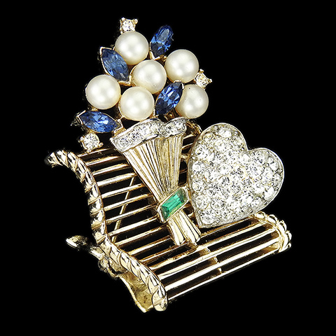 Trifari 'Alfred Philippe' 'Paris in the Spring' Pearls and Sapphires Bunch of Flowers and Pave Heart on a Park Bench Valentine Pin