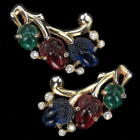 Trifari 'Alfred Philippe' 'Fragonard' Gold Branches and Tricolour Fruit Salads Clip Earrings