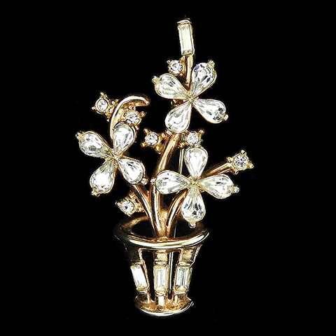 Trifari 'Alfred Philippe' 'Starflowers' Gold Diamante and Baguettes Three Flowers in a Pot Flower Basket Pin