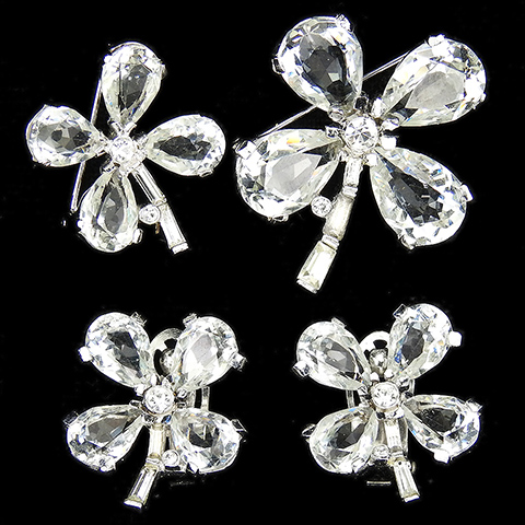 Trifari 'Alfred Philippe' Diamante Four Leaf 'Fabulous Clover' Large Pin, Small Pin and Clip Earrings Set