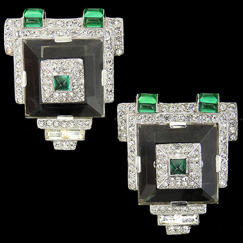 KTF Trifari 'Alfred Philippe' Pave Cushion Cut Emeralds and Crystal Pyramids Pair of Dress Clips 