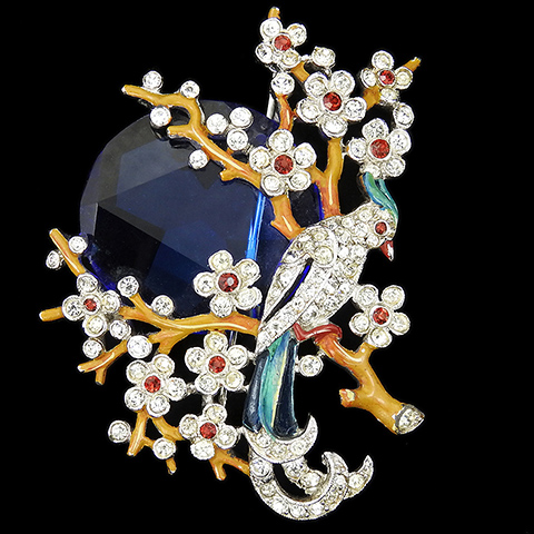 Trifari 'Alfred Philippe' Pave and Enamel Bird in a Tree with Rising Sapphire Full Moon Pin