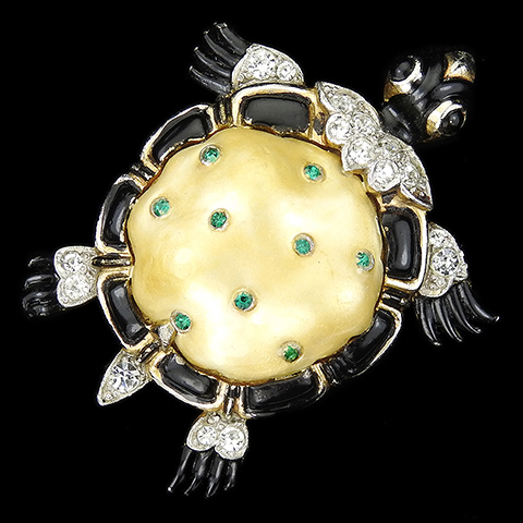 Trifari 'Alfred Philippe' Gold Pave Black Enamel and Emerald Spangled Pearl Ming Turtle Pin Clip