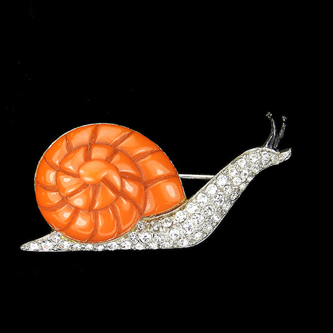 KTF Trifari 'Alfred Philippe' Pave Snail with Coral Bakelite Shell Pin