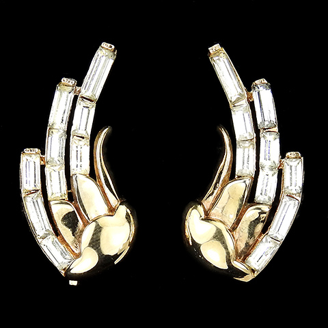 Trifari 'Alfred Philippe' Gold Pave and Diamante Baguette Parrot Bird Wings Clip Earrings (Vertical Orientation)