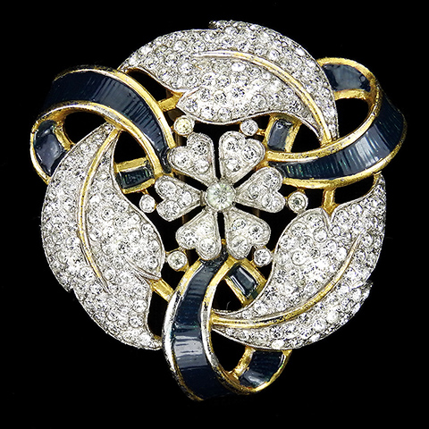 Trifari 'Alfred Philippe' Empress Eugenie Gold Pave and Blue Enamel Circular Triple Bowknot Flower and Leaf Swirl Pin Clip
