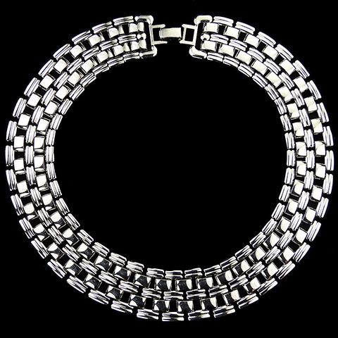 Trifari Tesselated Openwork Silver Links Collar Necklace