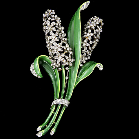 Trifari 'Alfred Philippe' Pave Flowers and Enamel Leaves Double Hyacinth Pin