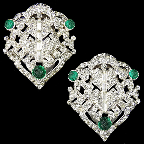 KTF Trifari 'Alfred Philippe' Pave Baguettes and Emerald Fruit Salads Pair of Deco Shield Dress Clips