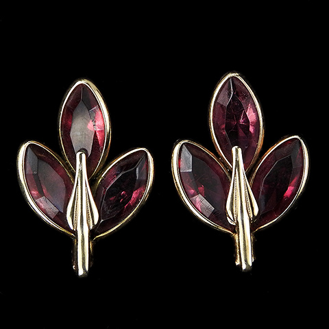 Trifari 'Alfred Philippe' Gold and Ruby Crystal Leaves Clip Earrings