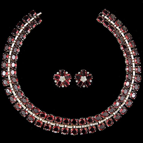 Trifari Sterling 'Alfred Philippe' Gold and Ruby Choker Necklace and Flower Clip Earrings Set