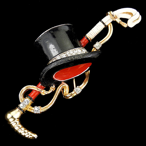 Trifari 'Alfred Spaney' Gold Pave and Enamel Top Hat and Horse Riding Crop Pin Clip