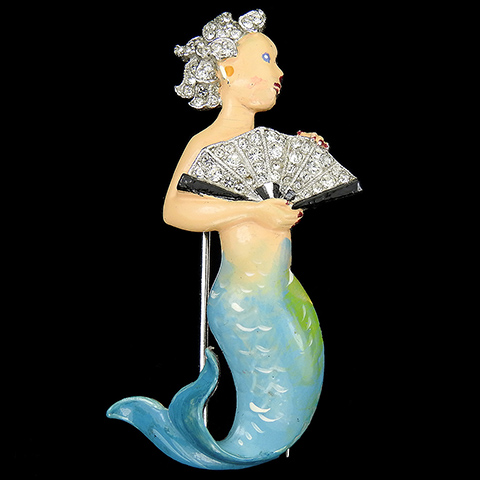 Trifari 'Joseph Wuyts' Pave and Enamel Mermaid with Fan Pin Clip