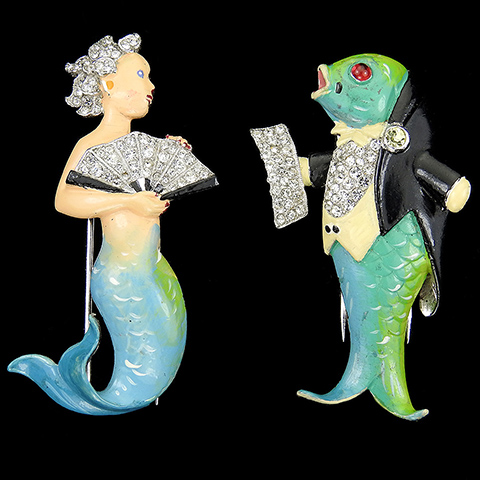 Trifari 'Joseph Wuyts' Pave and Enamel Mermaid with Fan listening to an Opera Singer Fish Pair of Pin Clips