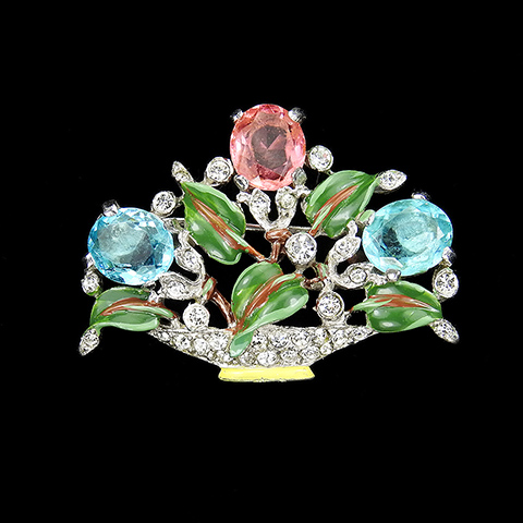 Trifari 'Alfred Philippe' Small Pave Enamel and Pastel Stones Aqua and Pink Topaz Flower Basket Pin