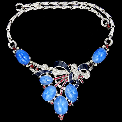 Trifari 'Alfred Philippe' WW2 US Patriotic Red White and Blue Star Sapphire and Enamel Bow Necklace