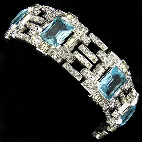 KTF Trifari 'Alfred Philippe' Pave and Oblong Cut Aquamarines Deco Seven Link Openwork Bracelet