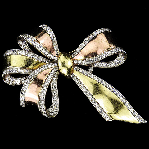 Trifari 'Alfred Philippe' Yellow and Rose Gold with Pave Highlights Four Loops Bow or Bownknot Pin