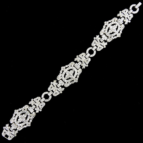 Trifari 'Alfred Philippe' Pave Openwork Floral Pattern and Bows Three Element Deco Link Bracelet