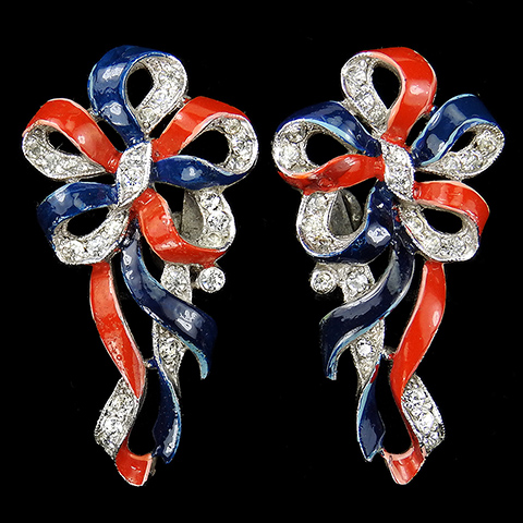 Trifari 'Alfred Philippe' WW2 US Patriotic Pave and Red White and Blue Enamel Rosette Bow Screwback Earrings