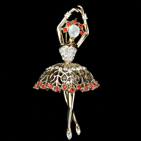 Trifari 'Alfred Philippe' Gold Moonstones and Rubies Pirouetting Ballerina Pin