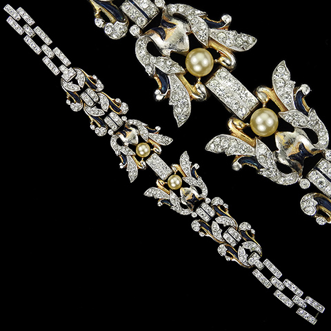 Trifari 'Alfred Philippe' 'Empress Eugenie' Gold Pave Enamel and Pearls Floral Bracelet