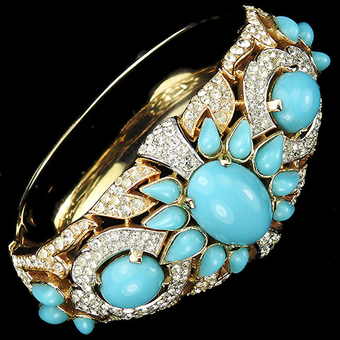 Trifari 'Alfred Philippe' Gold Pave and Turquoise Cabochons 1960s Jewels of India Bangle Bracelet
