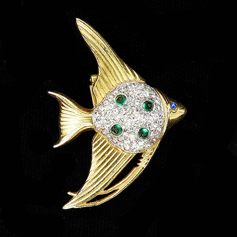 Trifari 'Alfred Philippe' Gold Pave and Emerald Cabochon Angelfish Fish Pin Clip