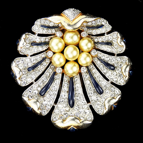 Trifari 'Alfred Philippe' 'Rococo' Empress Eugenie Gold Pave Blue Enamel and Pearls Scallop Sea Shell Pin Clip