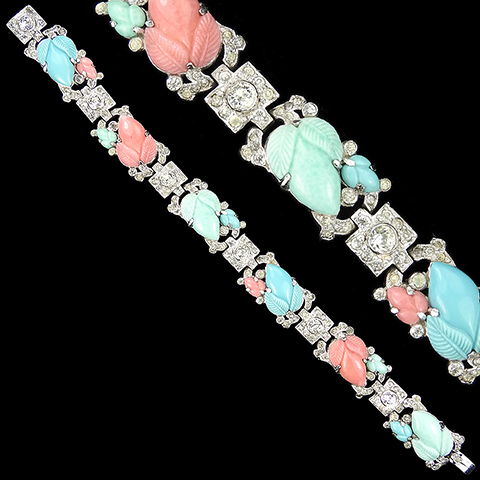 KTF Trifari 'Alfred Philippe' Pave Turquoise Jade and Coral Six Link Fruit Salads Bracelet