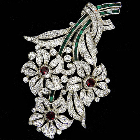Trifari 'Alfred Philippe' Pave Openwork and Invisibly Set Emeralds Three Flower Floral Spray Pin Clip