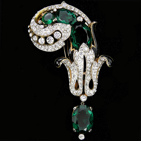 Trifari 'Alfred Philippe' Gold Pave Enamel and Oval Cut Emeralds Left Curling Swirl with Pendant Pin Clip
