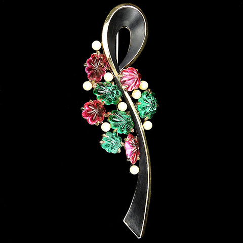 Trifari 'Alfred Philippe' Gold Black Enamel Ruby and Emerald Fruit Salads and Pearls Giant Bow Swirl Pin
