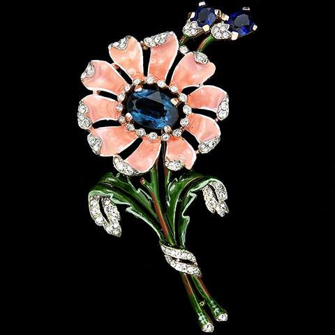 Trifari 'Alfred Philippe' Gold Pave and Enamel Pink Daisy with Sapphire Shoots Flower Pin