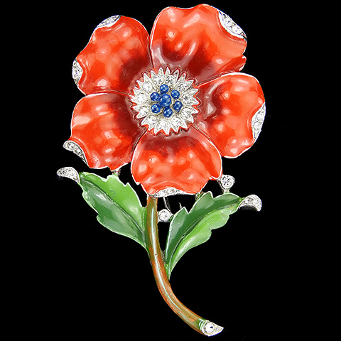 Trifari 'Alfred Philippe' 'Rue de la Paix' Pave and Enamel Red Poppy with Leaves Flower Pin Clip