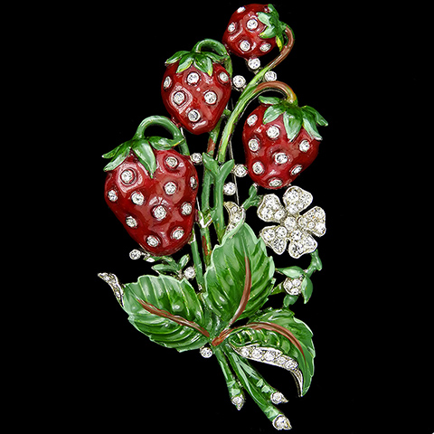 Trifari 'Alfred Philippe' Pave and Enamel Strawberries on a Branch with Leaves Fruit Pin Clip