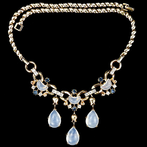 Trifari 'Alfred Philippe' 'Clair de Lune' Gold Sapphire Spangles Demilune and Teardrop Moonstones Triple Pendant Necklace