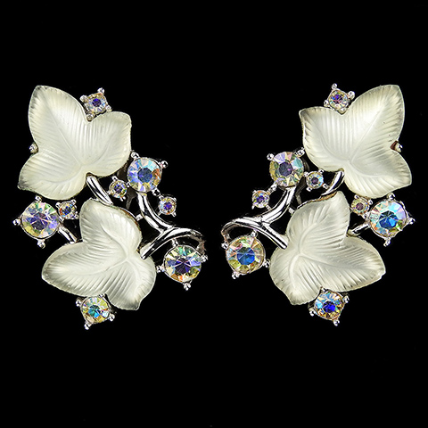 Trifari 'Alfred Philippe' 'Spring Frost' Aurora Borealis Spangles and Pastel White Satin Fruit Salad Leaves Clip Earrings