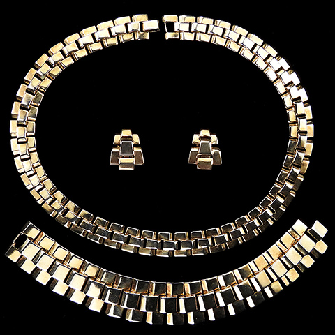 Trifari 'Alfred Philippe' 'Golden Tweed' Tesselated Pyramids Choker Necklace Wide Bracelet and Clip Earrings Set