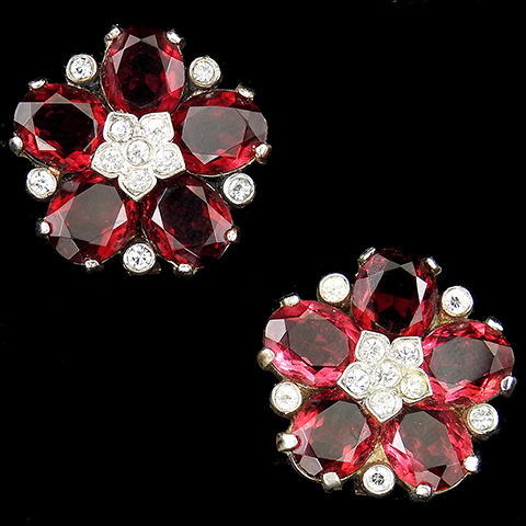 Trifari Sterling 'Alfred Philippe' Gold and Ruby Flower Clip Earrings