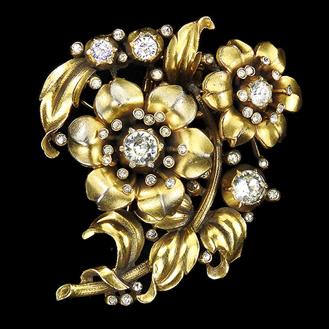 Trifari 'Alfred Philippe' 'Regence' Gold and Diamante Double Rose Flower Trembler Pin Clip