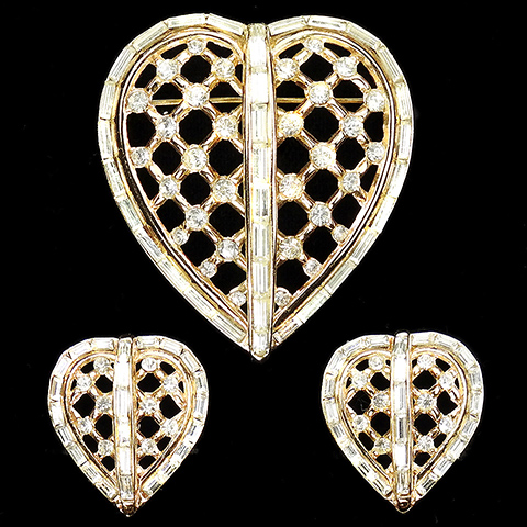 Trifari Alfred Philippe 'Captive Heart' Gold Latticework Baguette Heart Pin and Clip Earrings Set