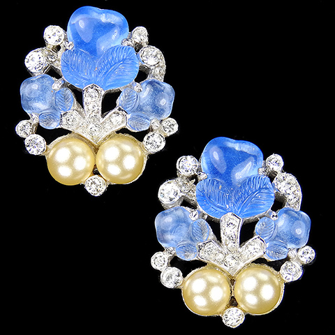 Trifari 'Alfred Philippe' 'Fragonard' Pave Sapphire Fruit Salads and Pearls Clip Earrings