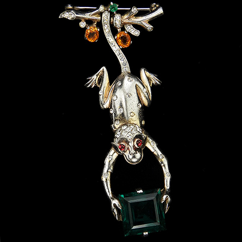 Trifari Sterling 'Alfred Philippe' Spangled Monkey Swinging by his Tail from a Branch Holding an Emerald Gift Package Pin