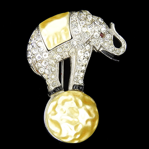 Trifari 'Alfred Philippe' Pave and Enamel Miniature Pearl Belly Circus Elephant Balancing on a Pearl Ball Scatter Pin