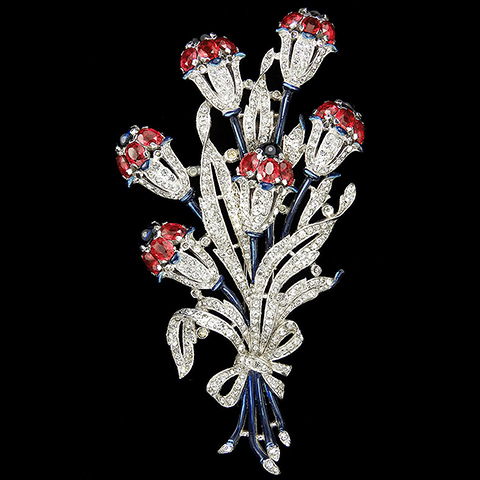 Trifari 'Alfred Philippe' Pave Rubies Sapphire Cabochons and Black Enamel Giant Six Flower Arum Lily Floral Spray with Bow Pin Clip