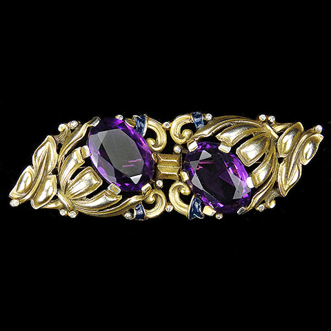 KTF Trifari 'Alfred Philippe' Gold Blue Enamel and Amethyst Two Bell Flowers Floral Bar Pin