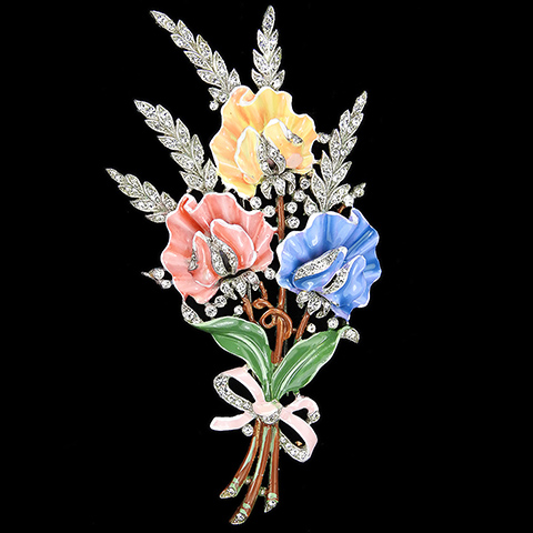 Trifari 'Alfred Philippe' Pave Leaves and Pastel Enamel Triple Floral Spray Three Flowers with Bow Pin Clip